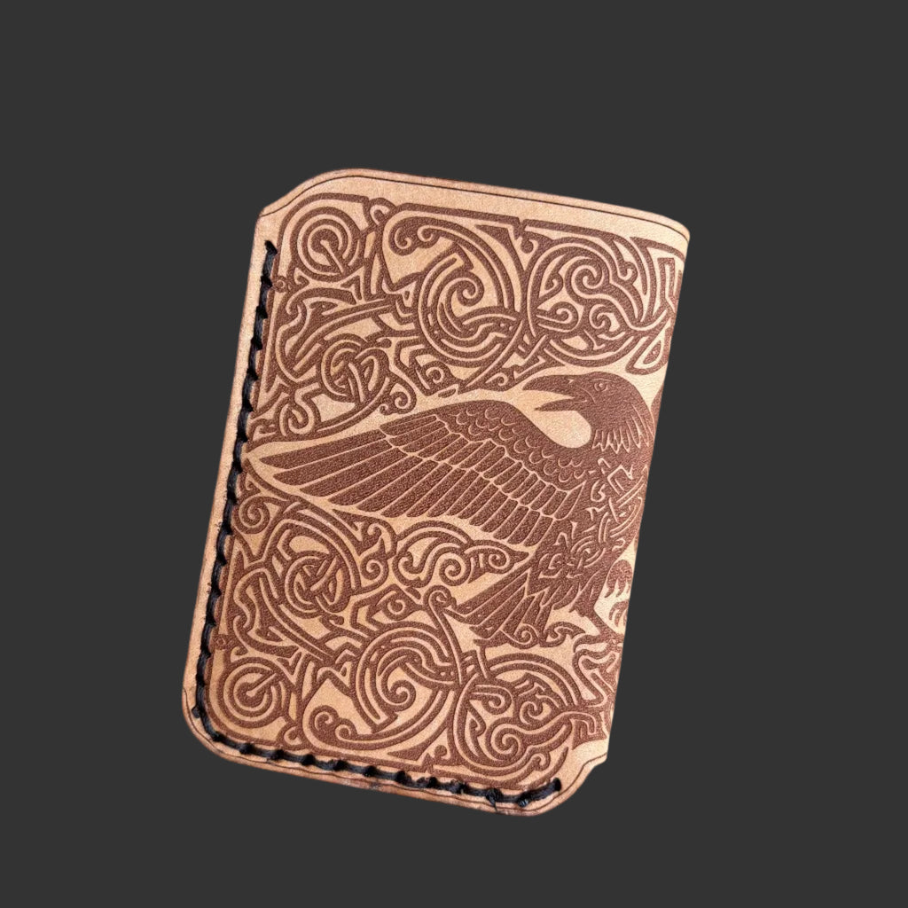 Leather EDC Raven Engraved Card Wallet - Bone & Castanga - Hand Stitched