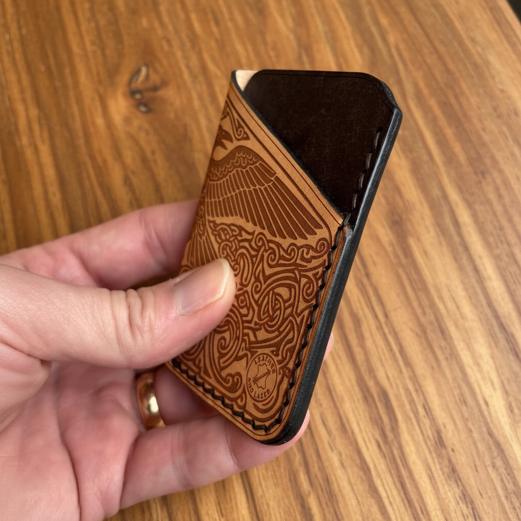Leather EDC Raven Engraved Card Wallet - Bone & Castanga - Hand Stitched