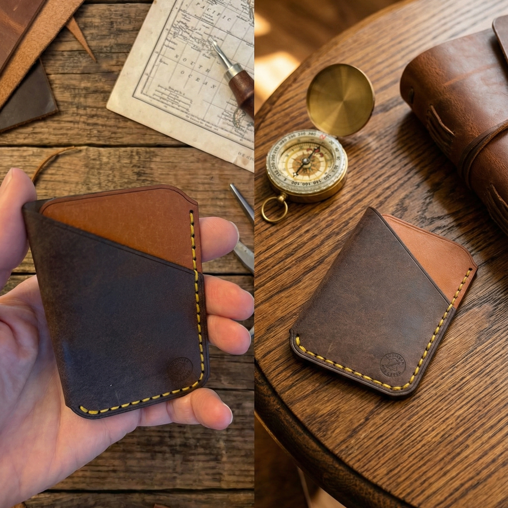 Minimalist EDC Two-Tone Leather Card Holder Wallet - Dark Brown & Warm Tan | Hand-Stitched