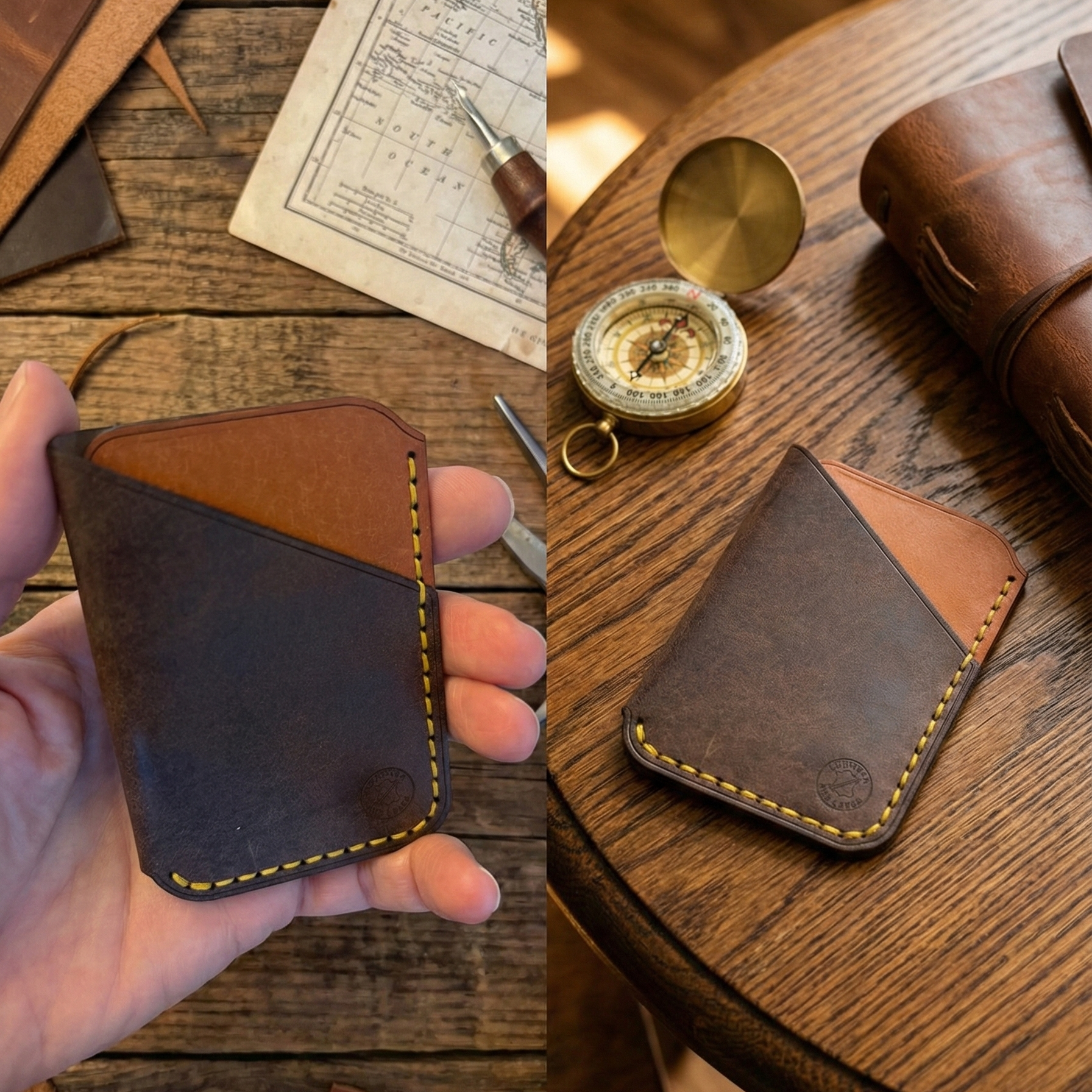 Minimalist EDC Two-Tone Leather Card Holder Wallet - Dark Brown & Warm Tan | Hand-Stitched