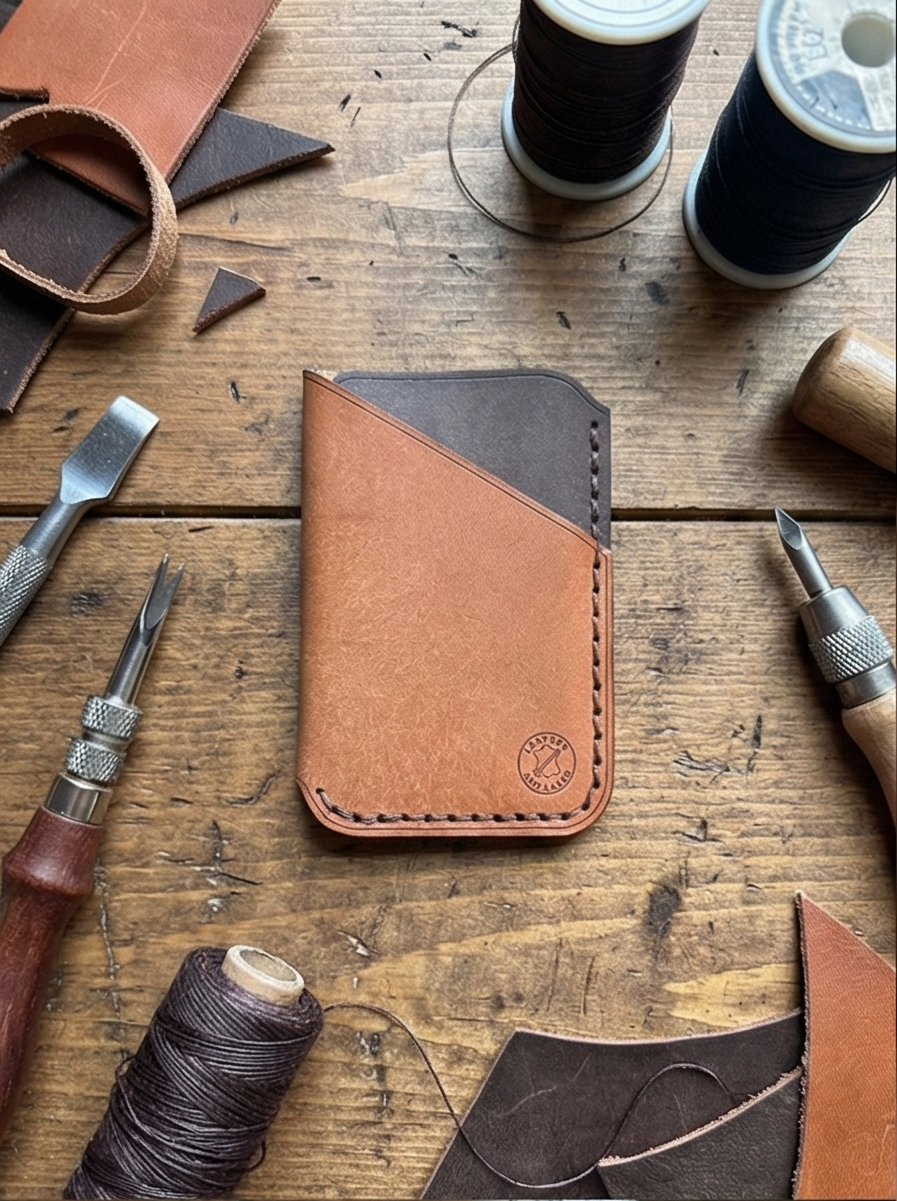 Minimalist EDC Two-Tone Leather Card Holder Wallet - Warm Tan & Dark Brown | Hand-Stitched
