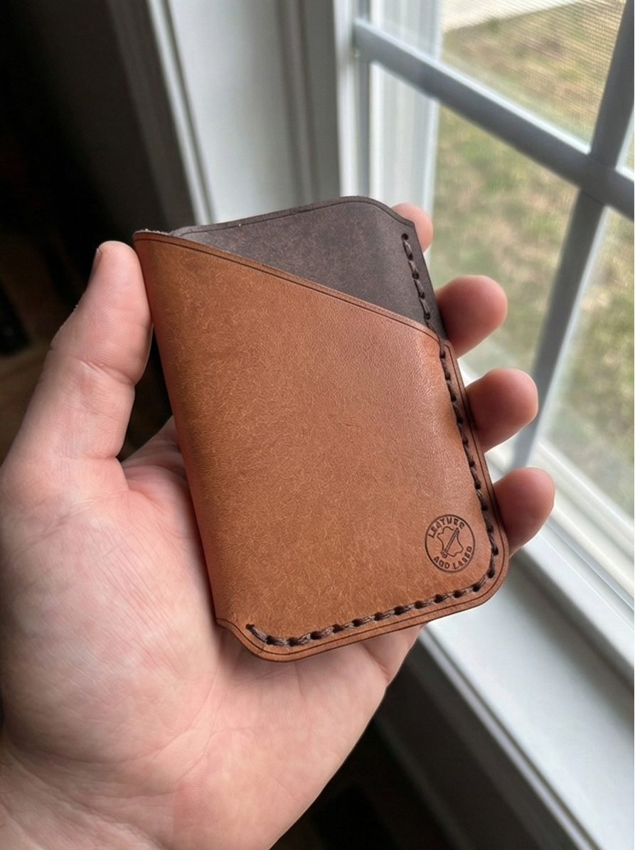 Minimalist EDC Two-Tone Leather Card Holder Wallet - Warm Tan & Dark Brown | Hand-Stitched