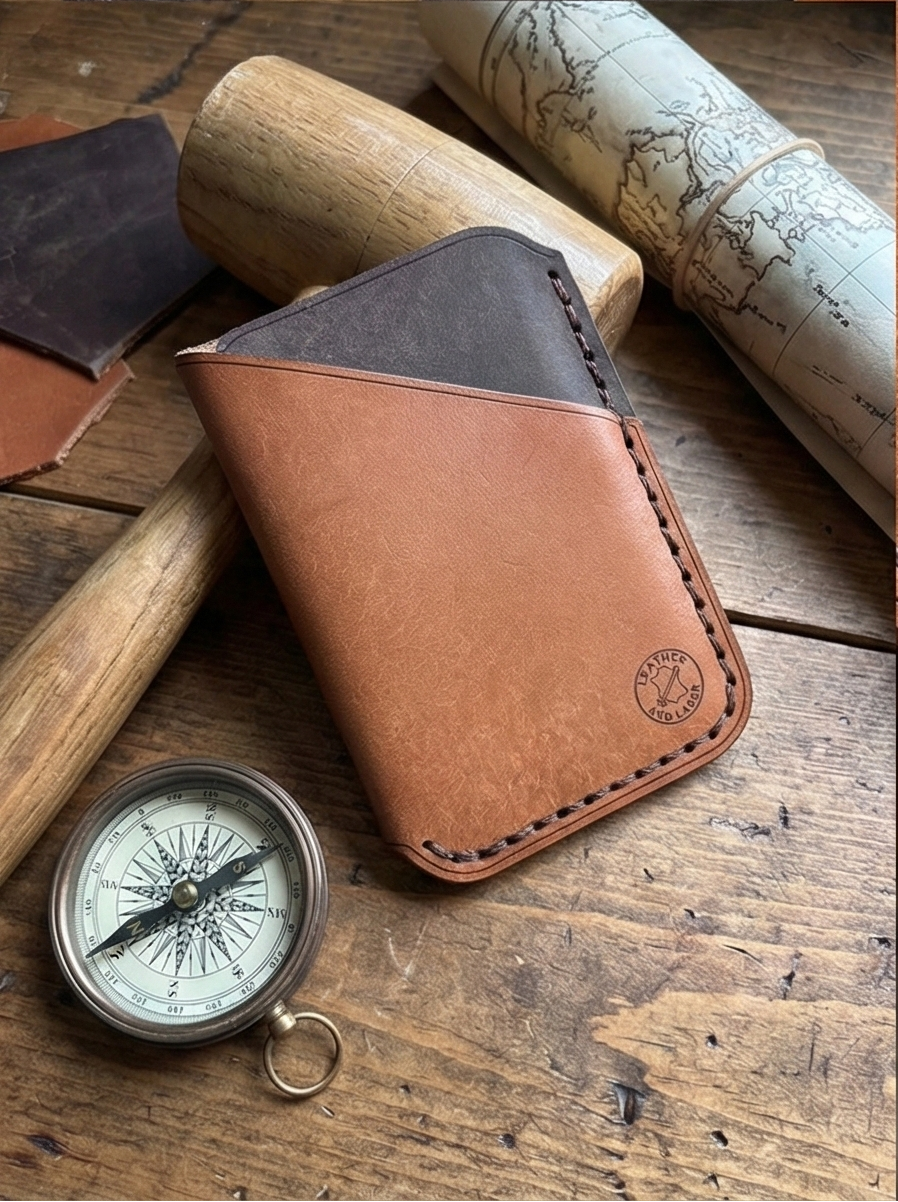 Minimalist EDC Two-Tone Leather Card Holder Wallet - Warm Tan & Dark Brown | Hand-Stitched