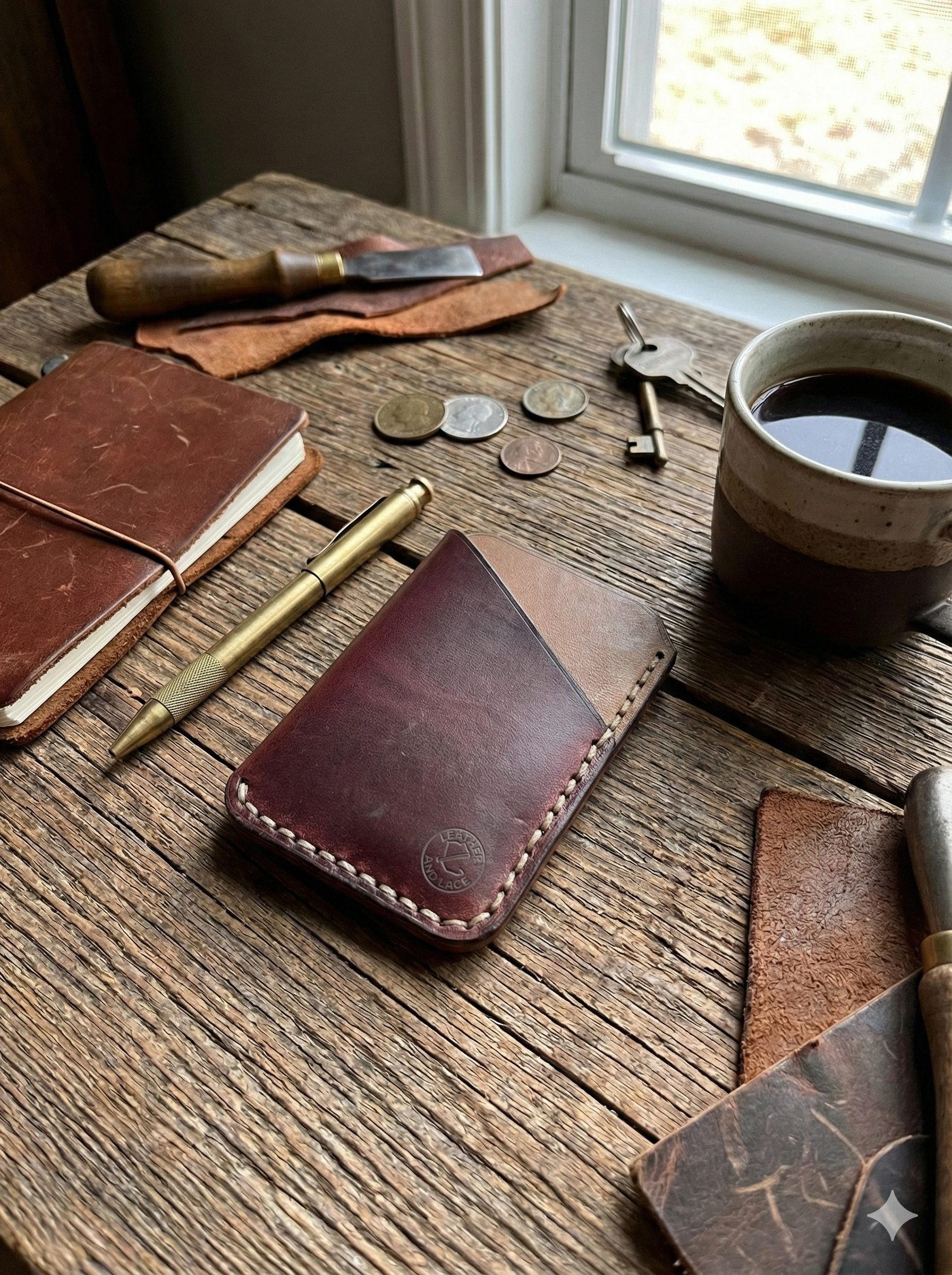 Minimalist EDC Two-Tone, Thicker, Leather Card Holder Wallet - Ox Blood & Stone | Hand-Stitched
