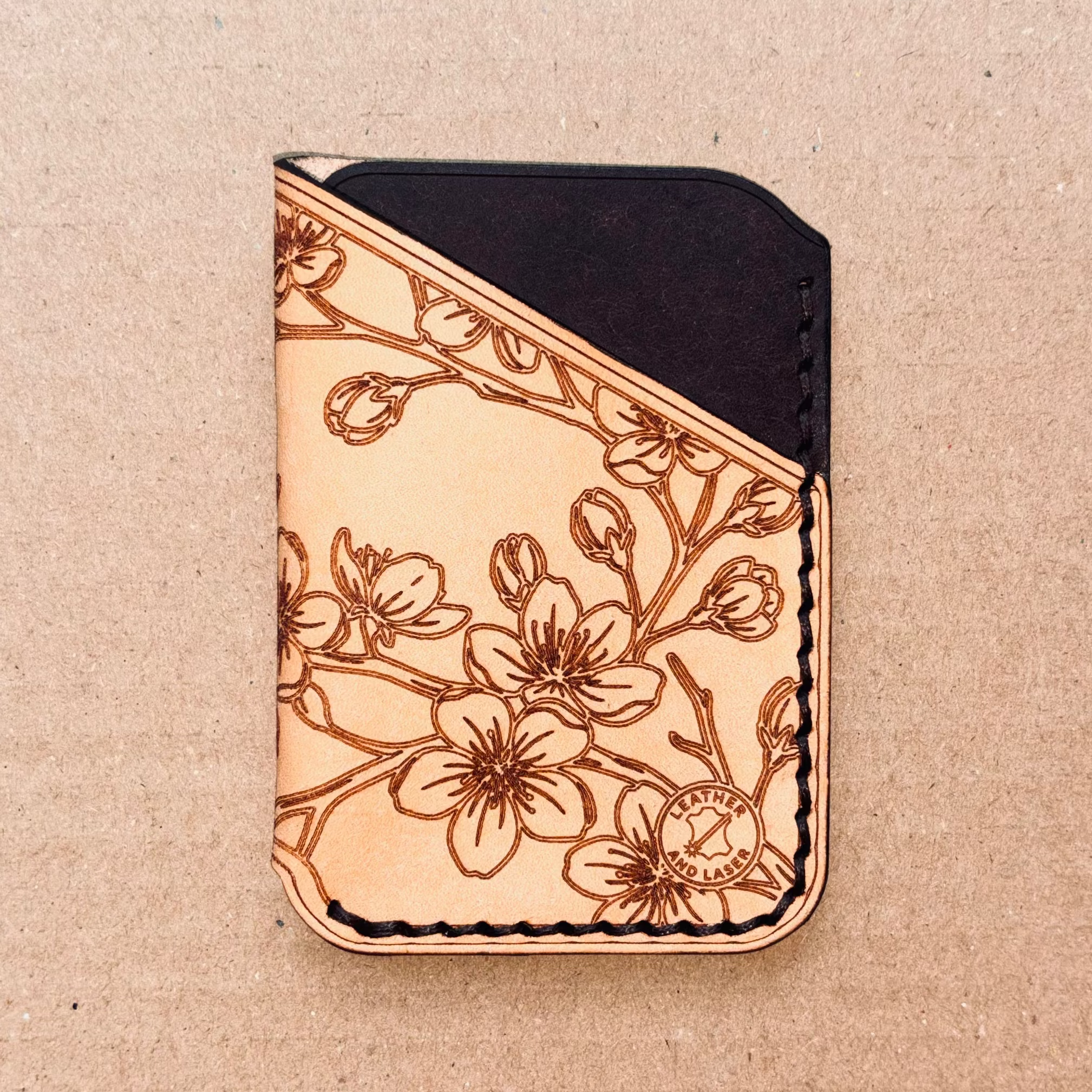 Leather EDC Cherry Blossom Engraved Card Wallet - Bone & Castanga - Hand Stitched