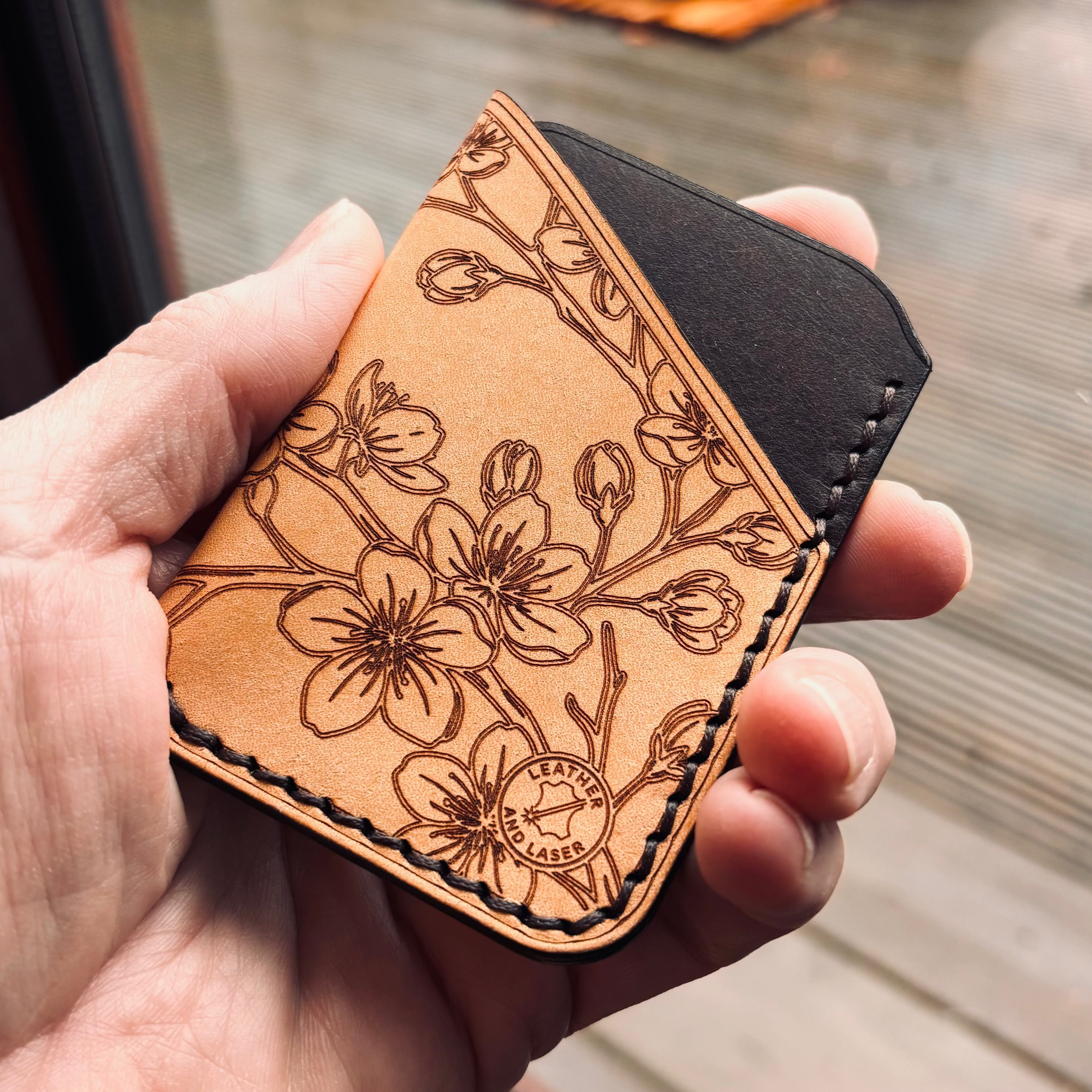 Leather EDC Cherry Blossom Engraved Card Wallet - Bone & Castanga - Hand Stitched