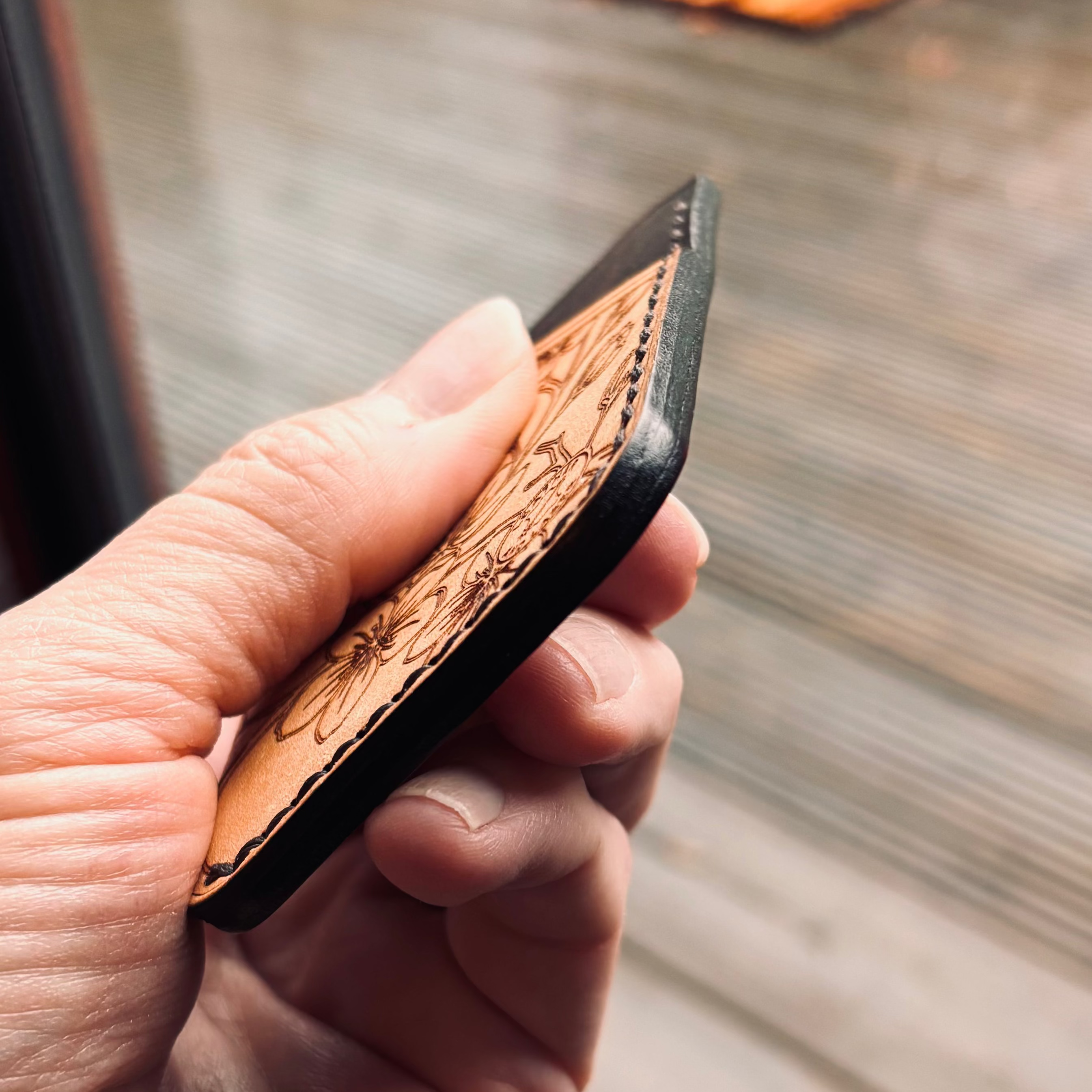 Leather EDC Cherry Blossom Engraved Card Wallet - Bone & Castanga - Hand Stitched