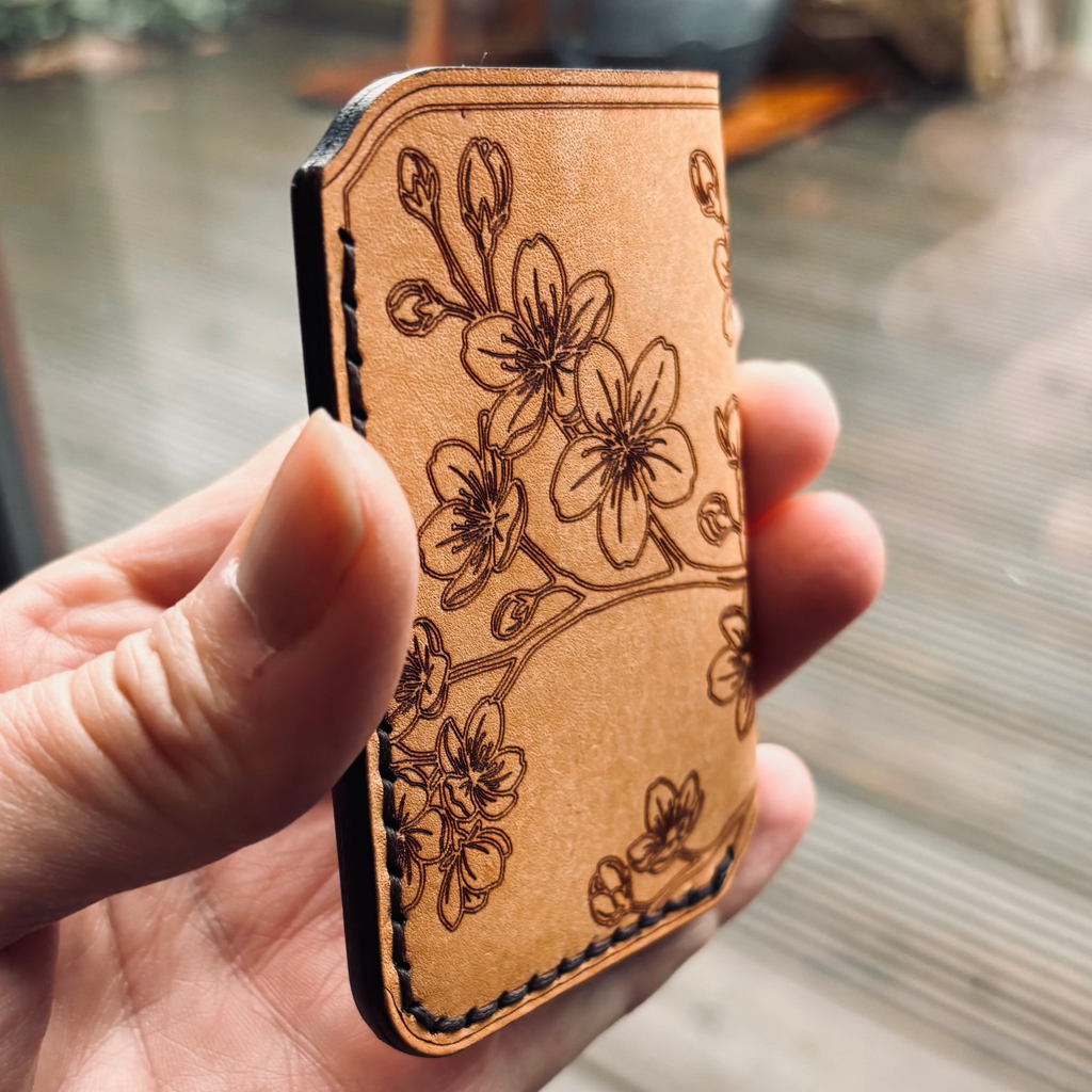 Leather EDC Cherry Blossom Engraved Card Wallet - Bone & Castanga - Hand Stitched