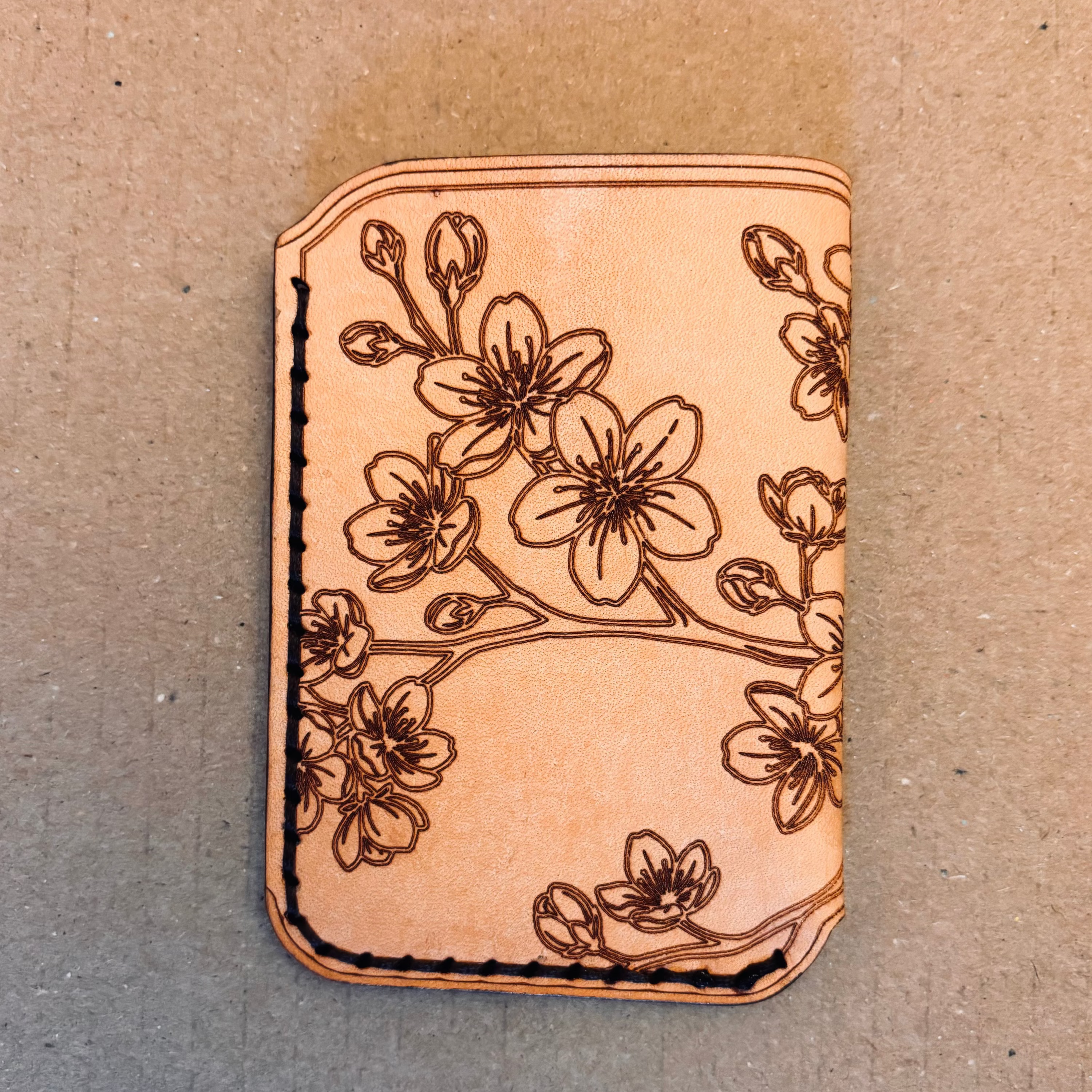 Leather EDC Cherry Blossom Engraved Card Wallet - Bone & Castanga - Hand Stitched