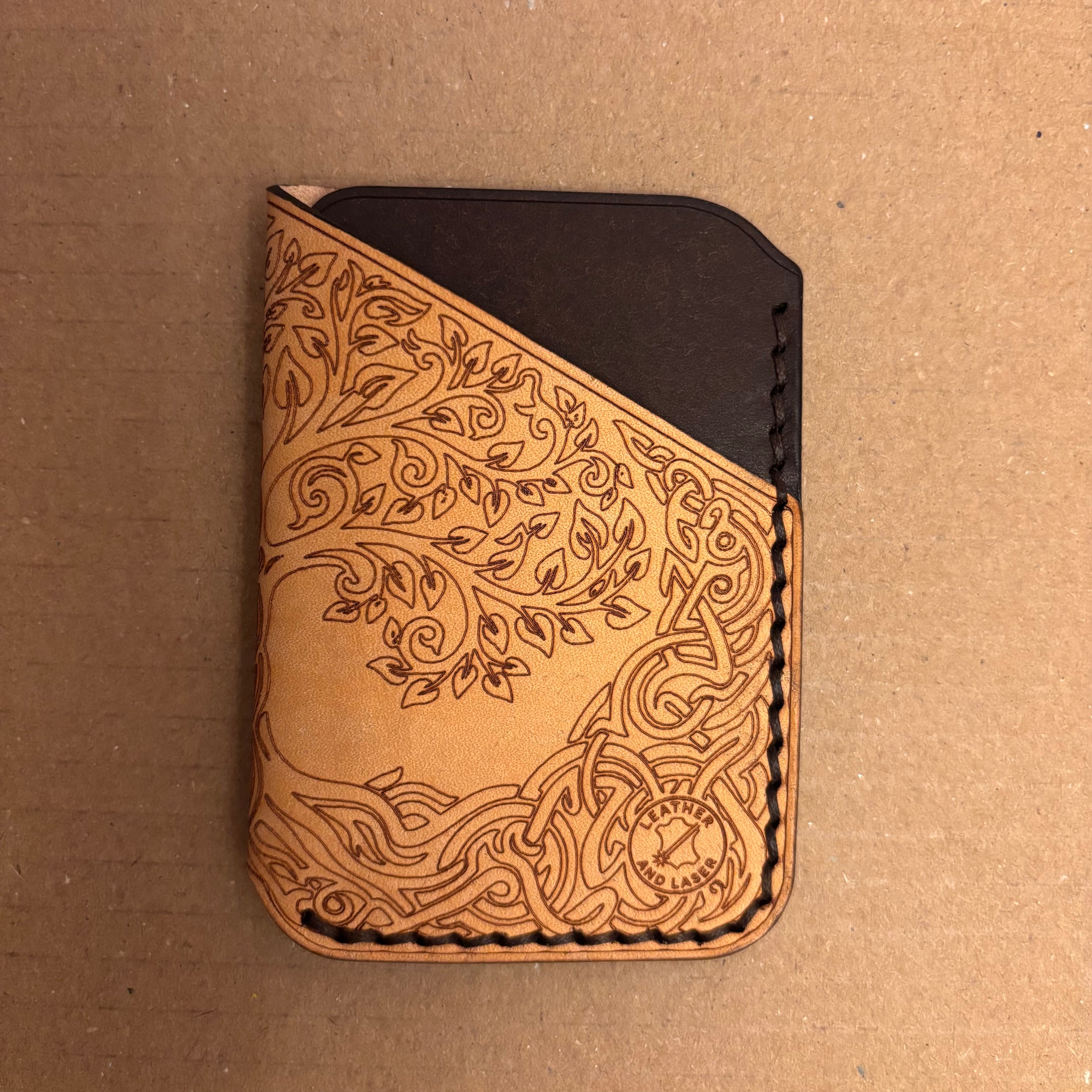 Leather EDC Tree of Life Engraved Card Wallet - Bone & Castanga - Hand Stitched