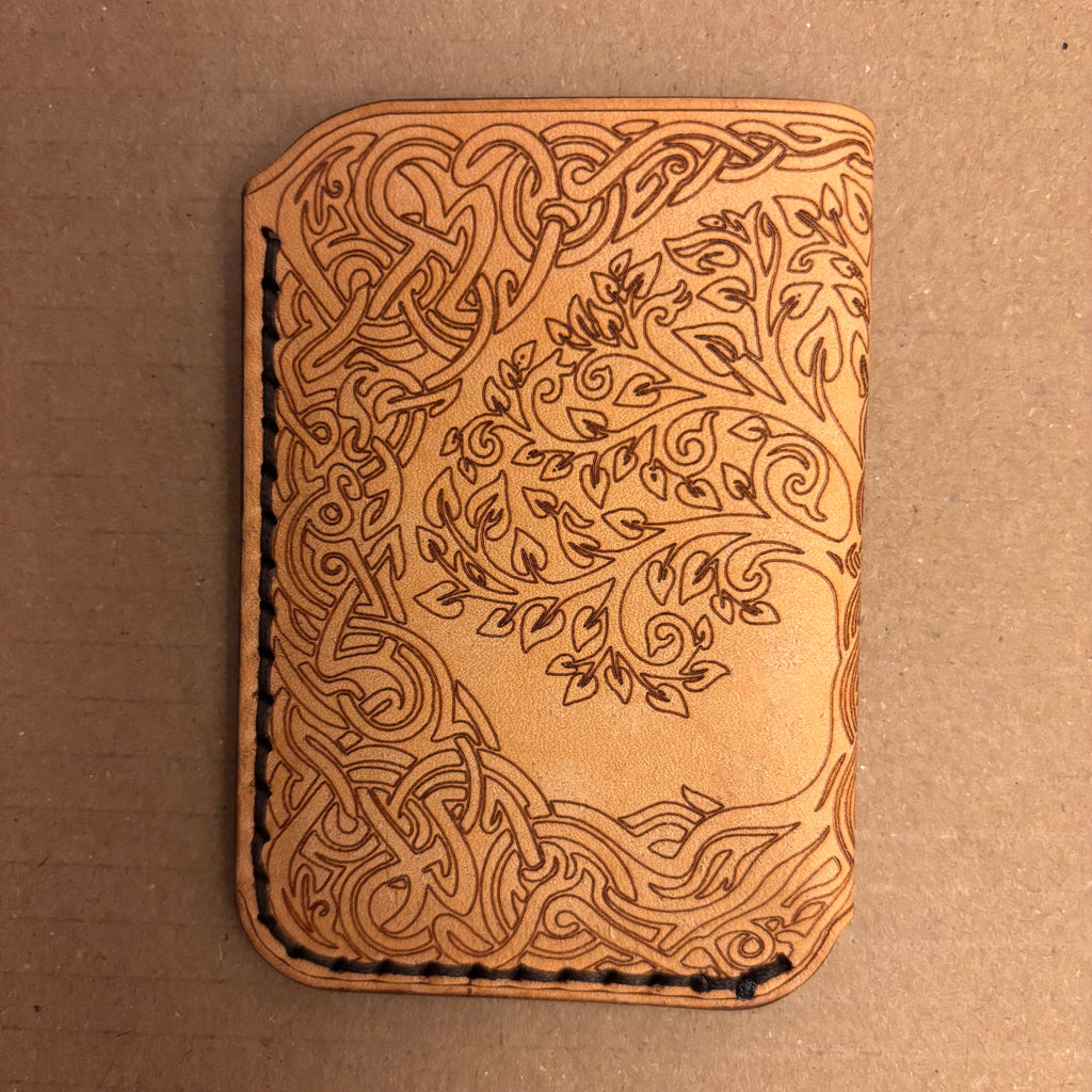 Leather EDC Tree of Life Engraved Card Wallet - Bone & Castanga - Hand Stitched