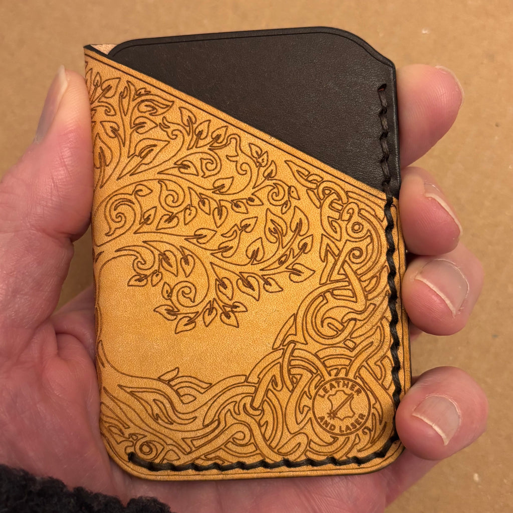 Leather EDC Tree of Life Engraved Card Wallet - Bone & Castanga - Hand Stitched