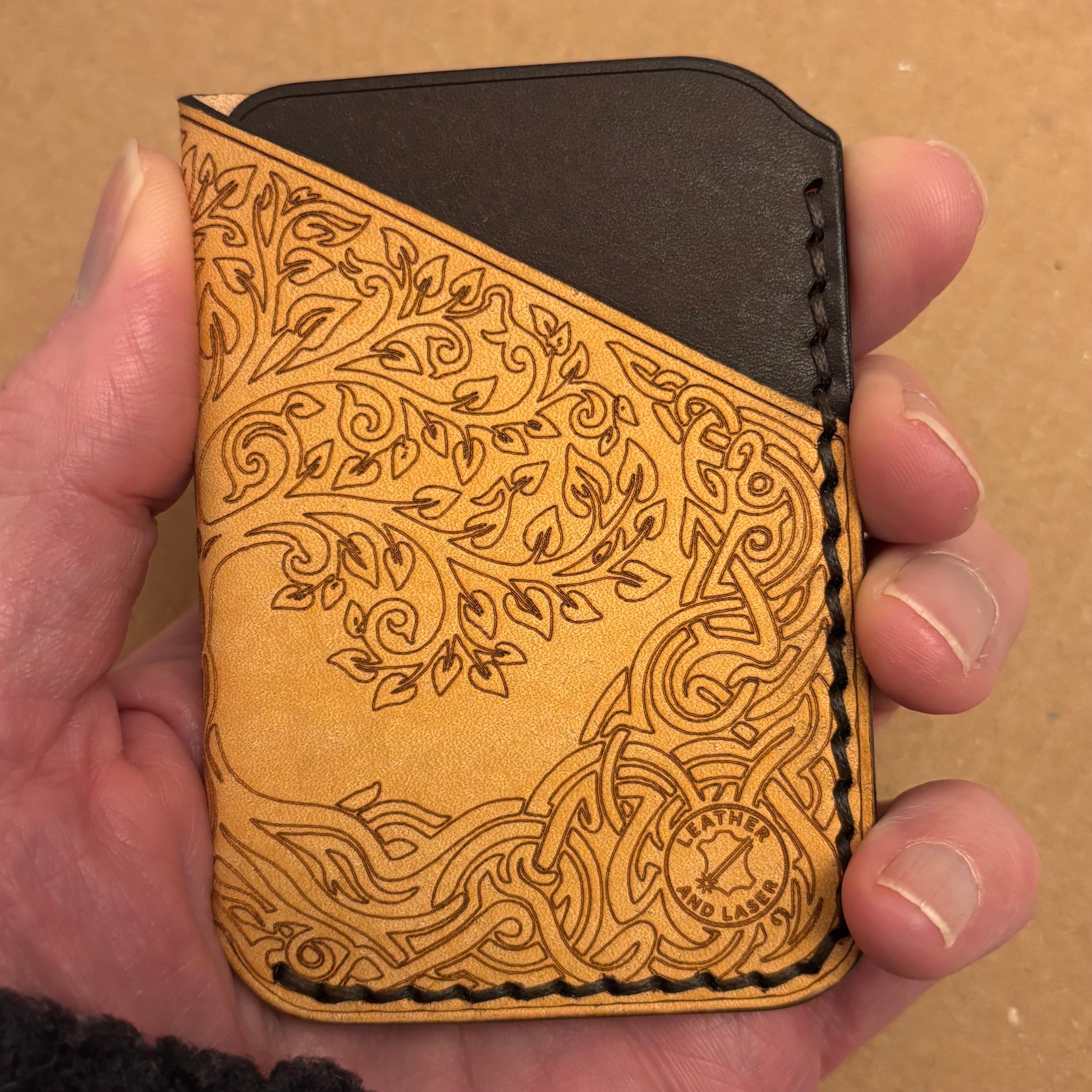 Leather EDC Tree of Life Engraved Card Wallet - Bone & Castanga - Hand Stitched