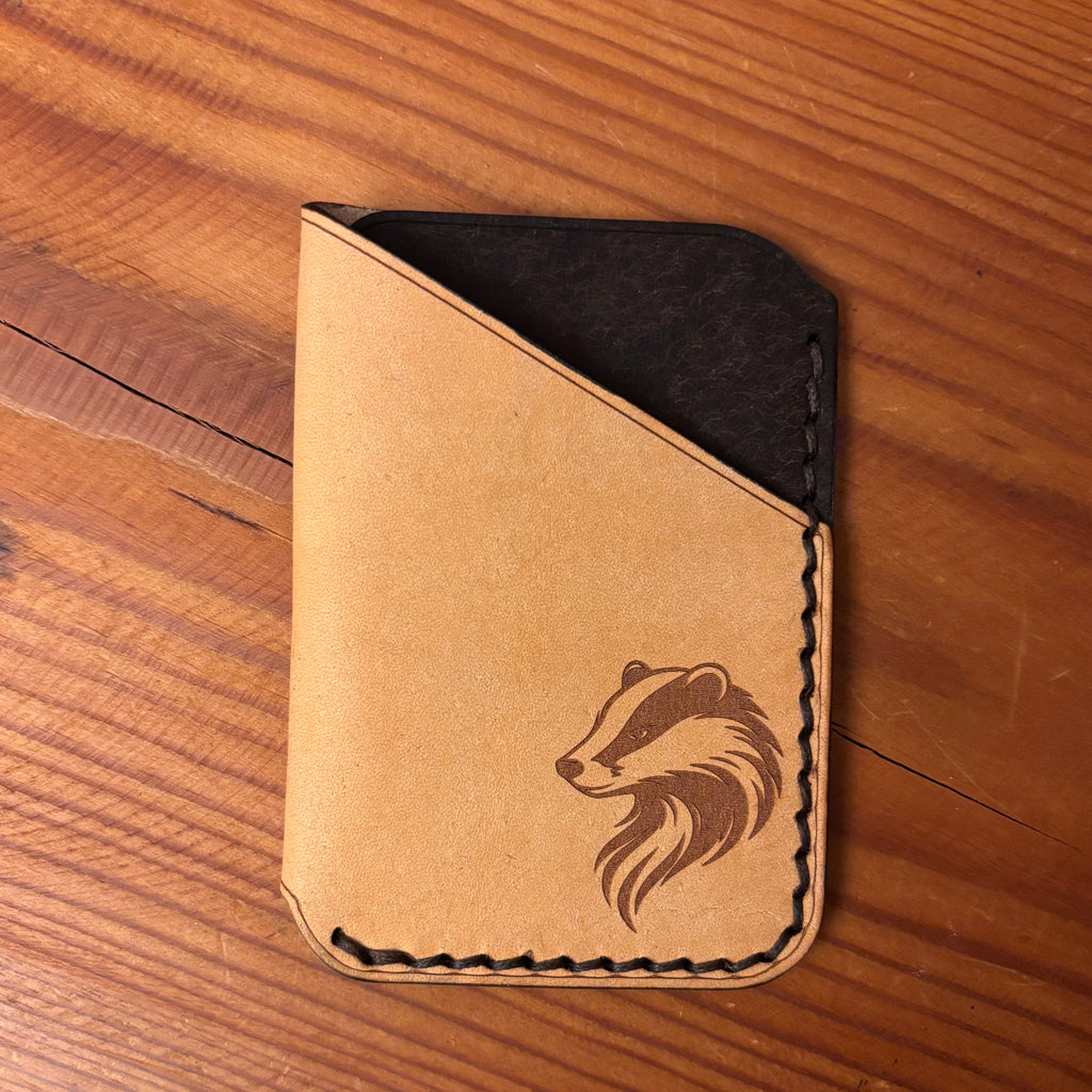 Leather EDC Badger Engraved Card Wallet - Bone & Castanga - Hand Stitched