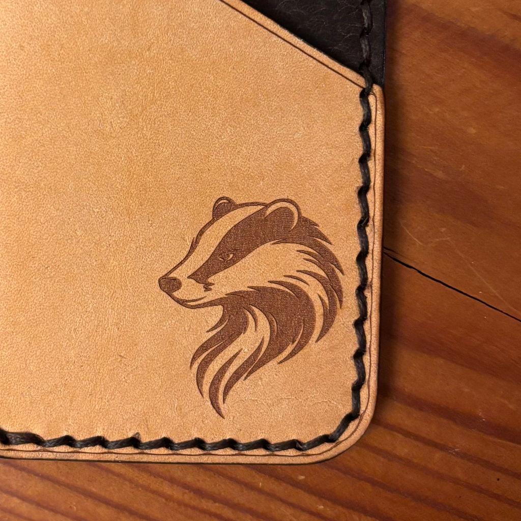 Leather EDC Badger Engraved Card Wallet - Bone & Castanga - Hand Stitched