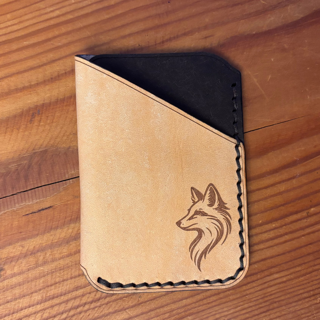 Leather EDC Fox Engraved Card Wallet - Bone & Castanga - Hand Stitched