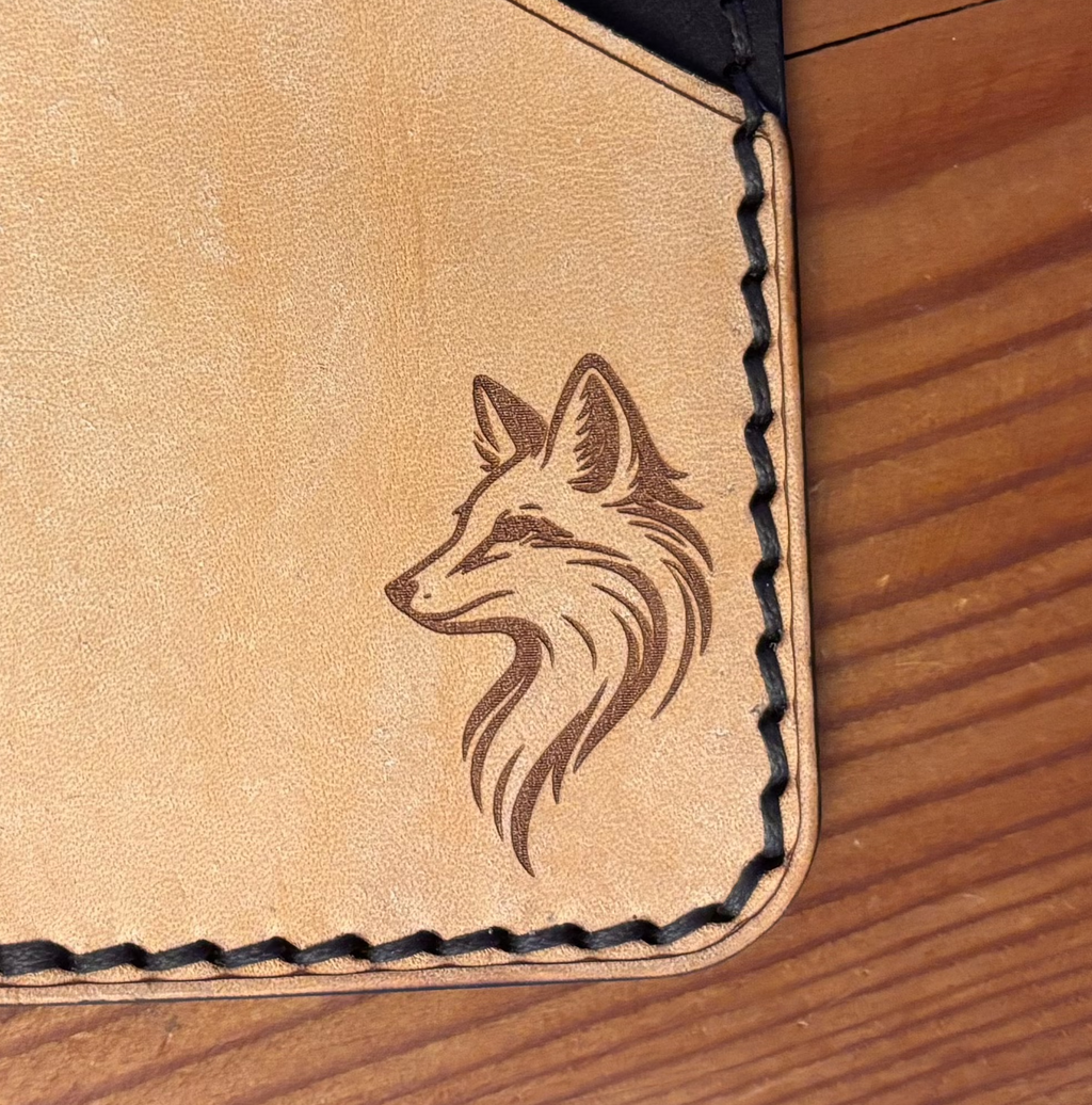 Leather EDC Fox Engraved Card Wallet - Bone & Castanga - Hand Stitched