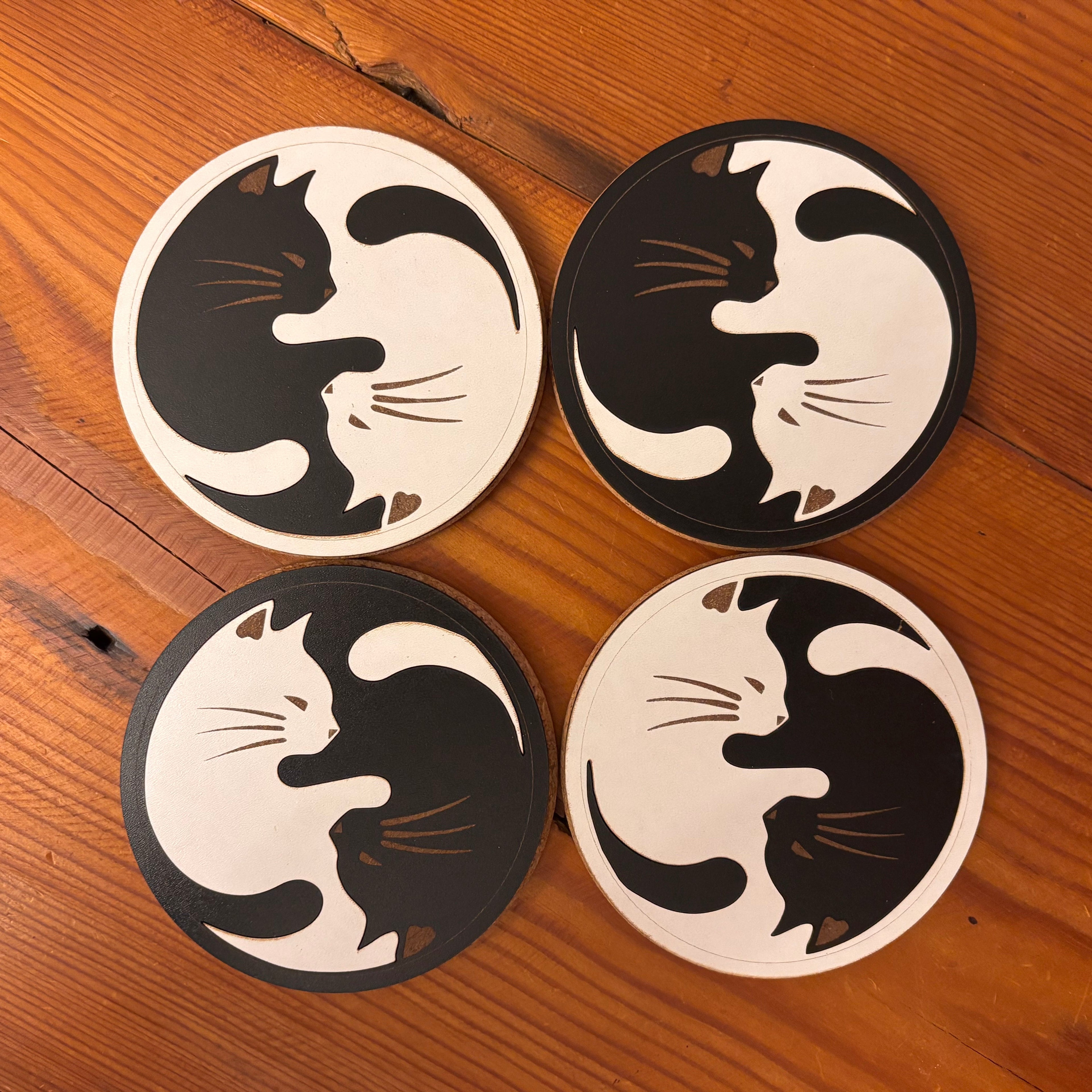 Yin-Yang Cat Coasters - Set of Protective Cork-Backed Drink Coasters