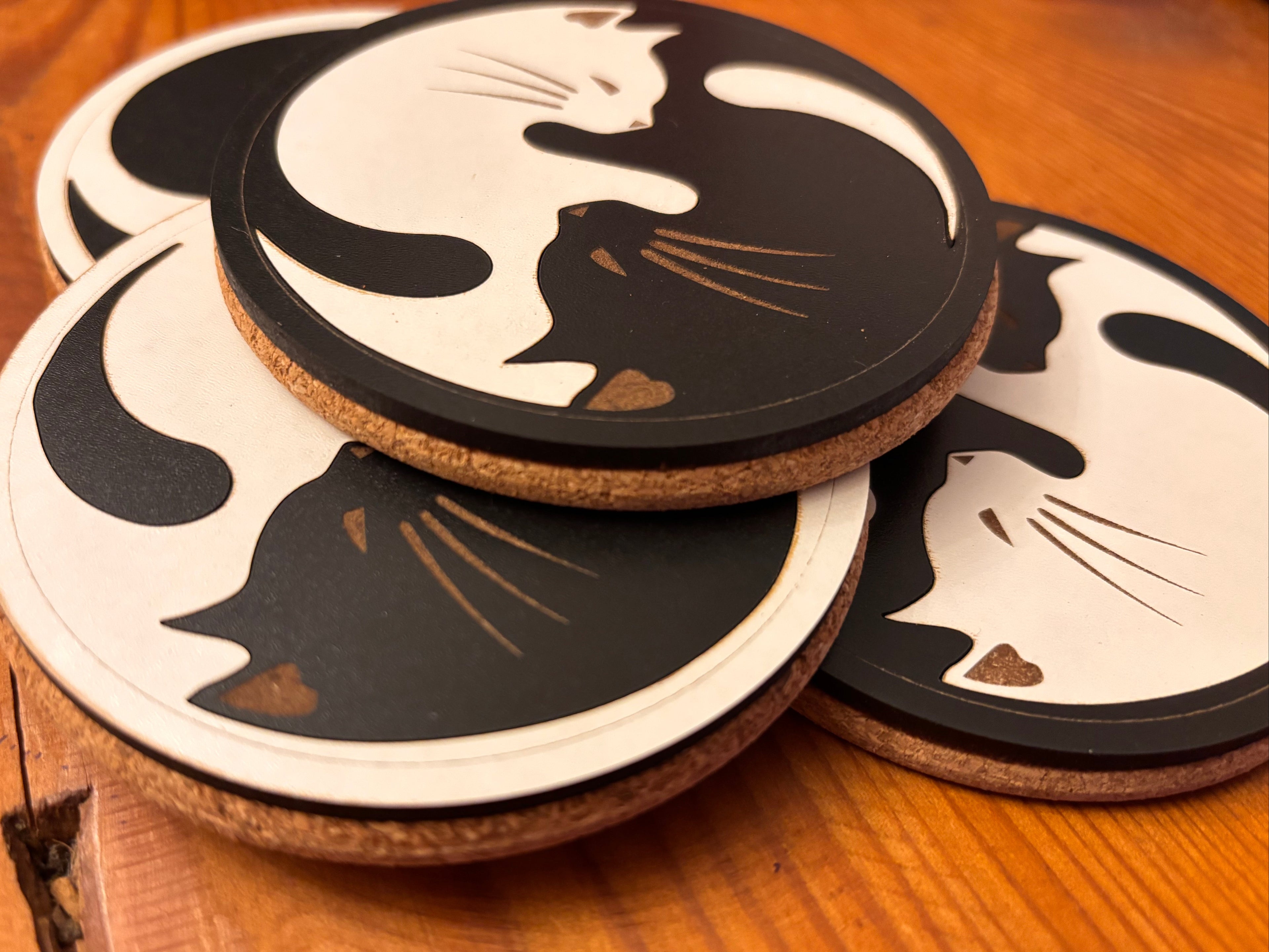 Yin-Yang Cat Coasters - Set of Protective Cork-Backed Drink Coasters