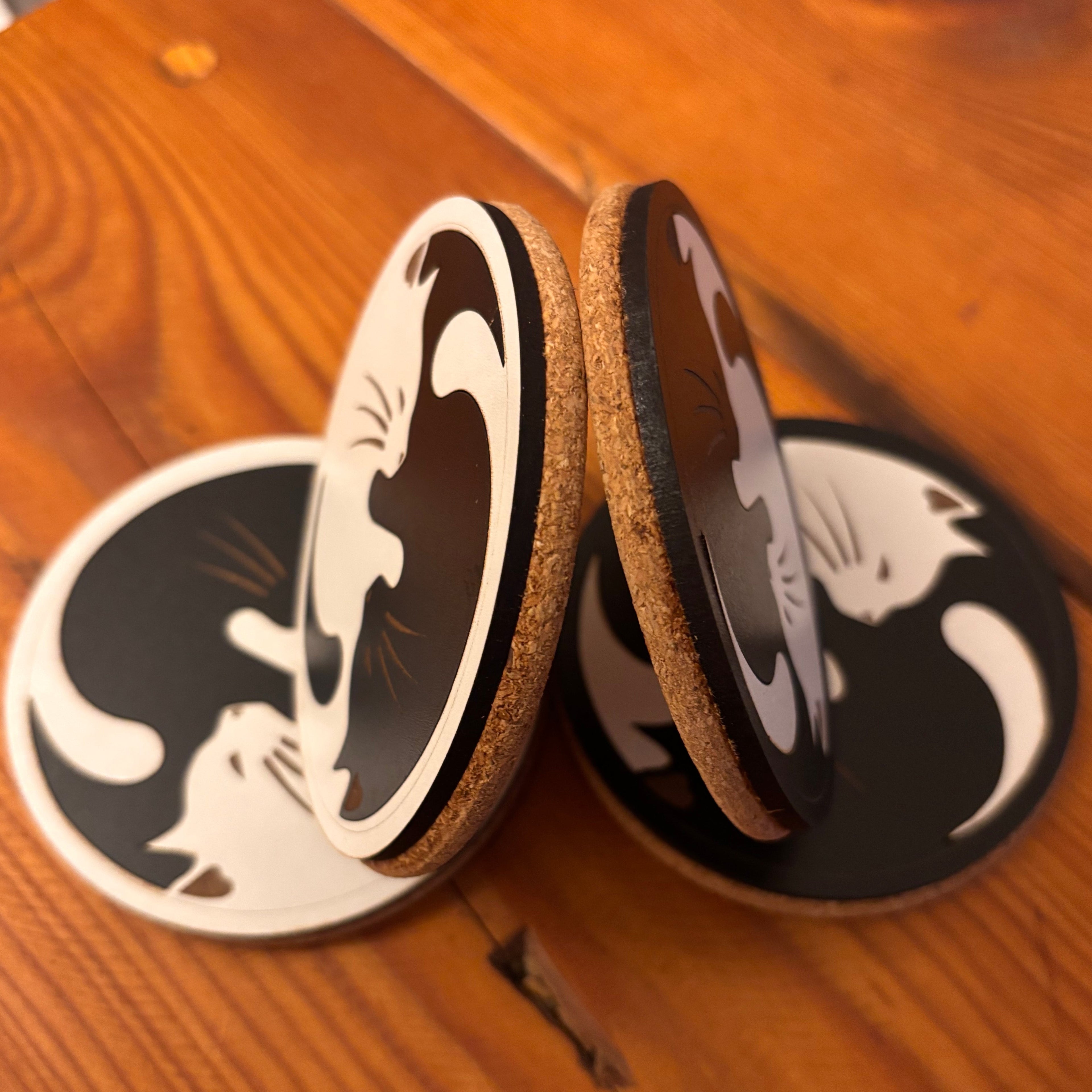 Yin-Yang Cat Coasters - Set of Protective Cork-Backed Drink Coasters