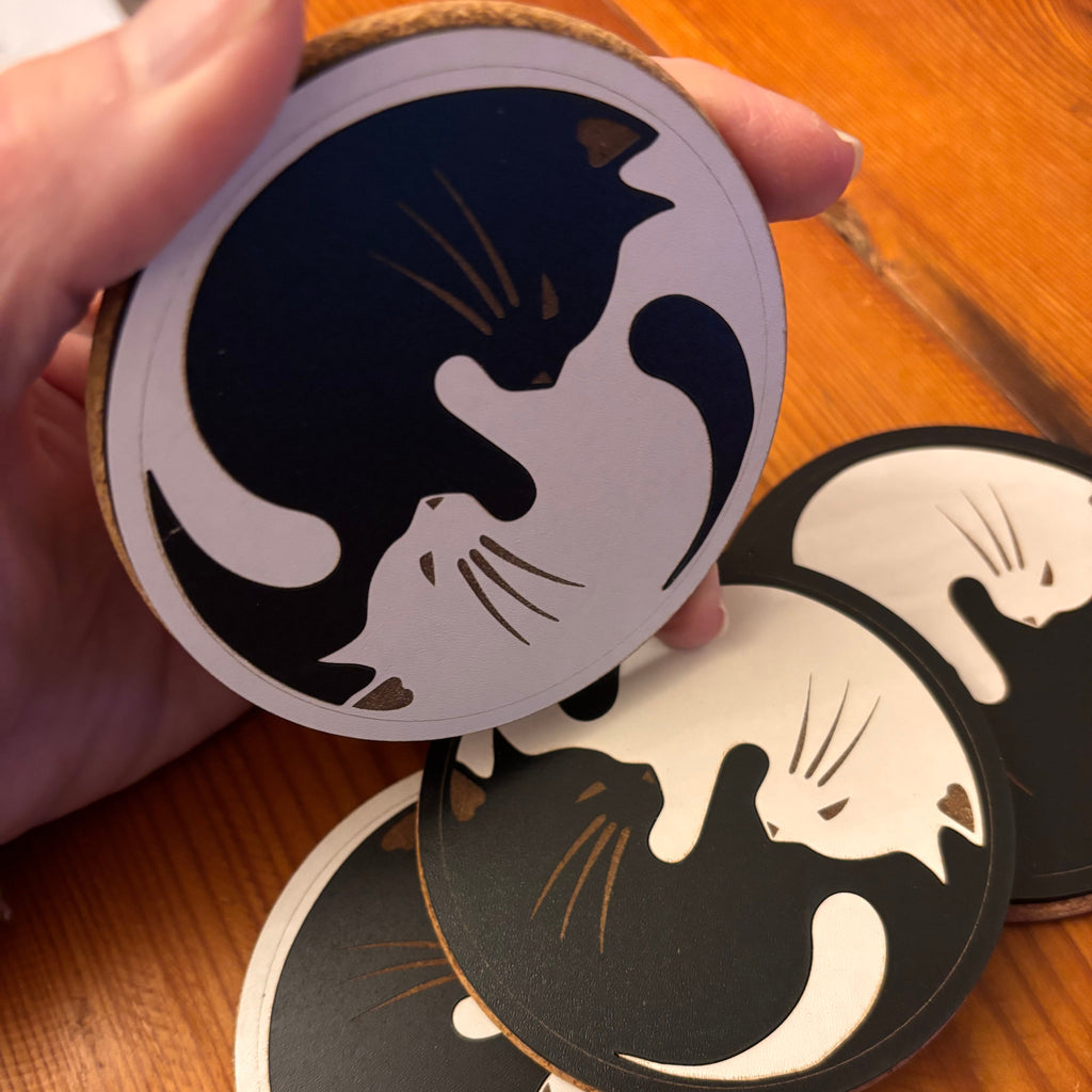 Yin-Yang Cat Coasters - Set of Protective Cork-Backed Drink Coasters