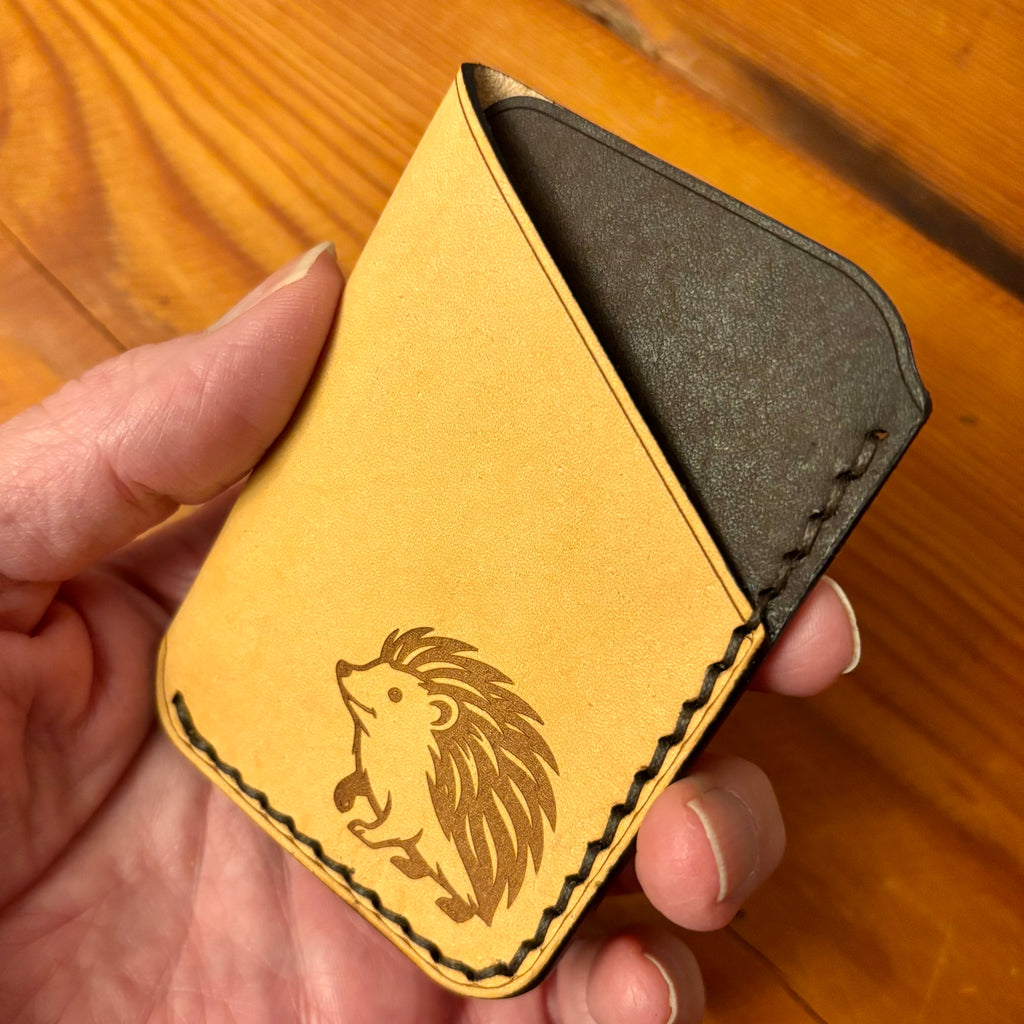Leather EDC Hedgehog Engraved Card Wallet - Bone & Castanga - Hand Stitched