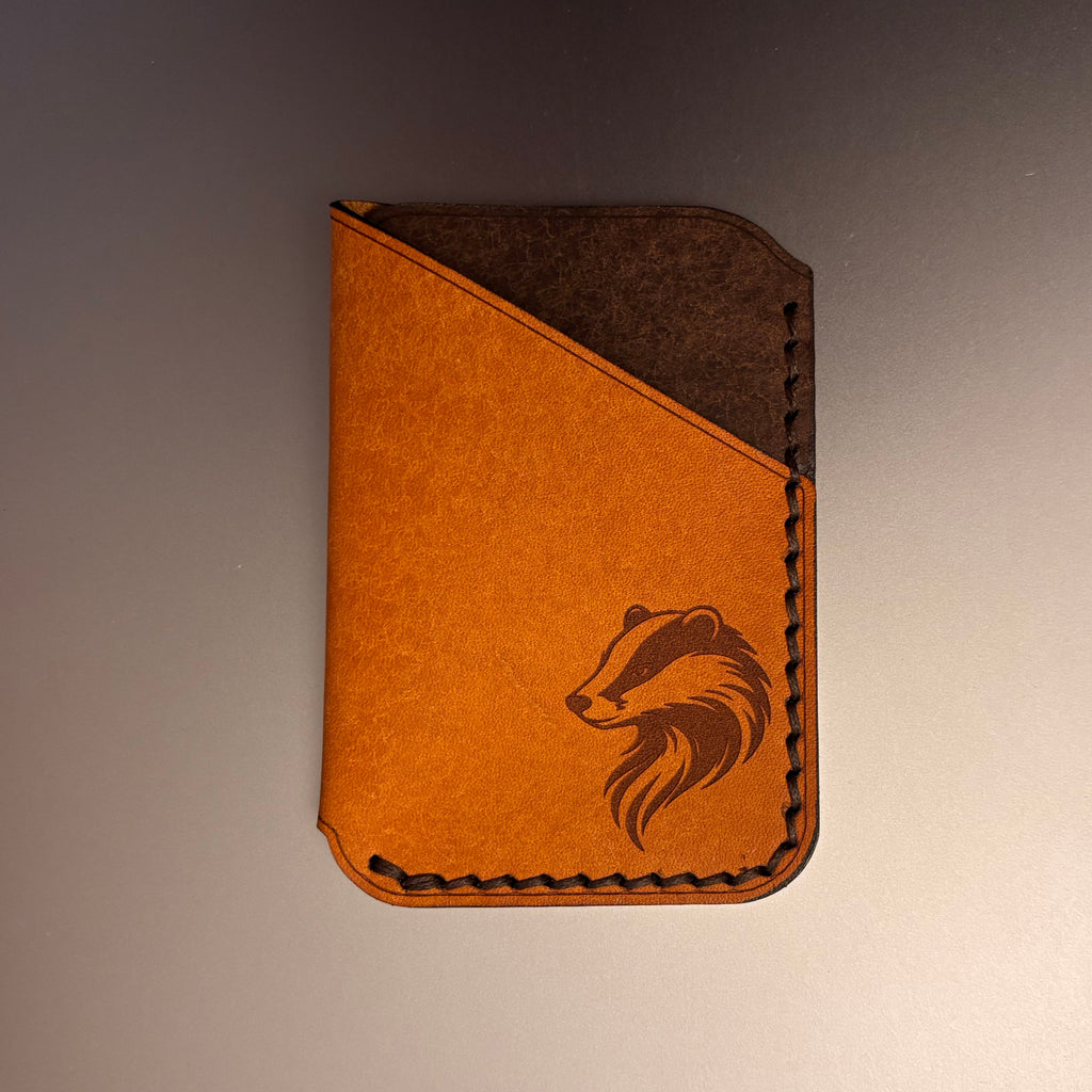 Leather EDC Badger Engraved Card Wallet - Olmo & Castanga - Hand Stitched