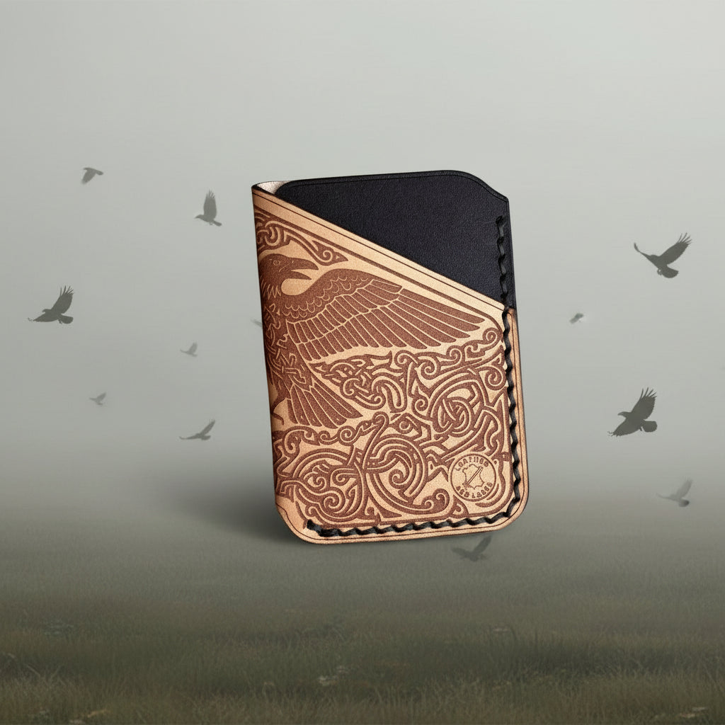Leather EDC Raven Engraved Card Wallet - Bone & Castanga - Hand Stitched