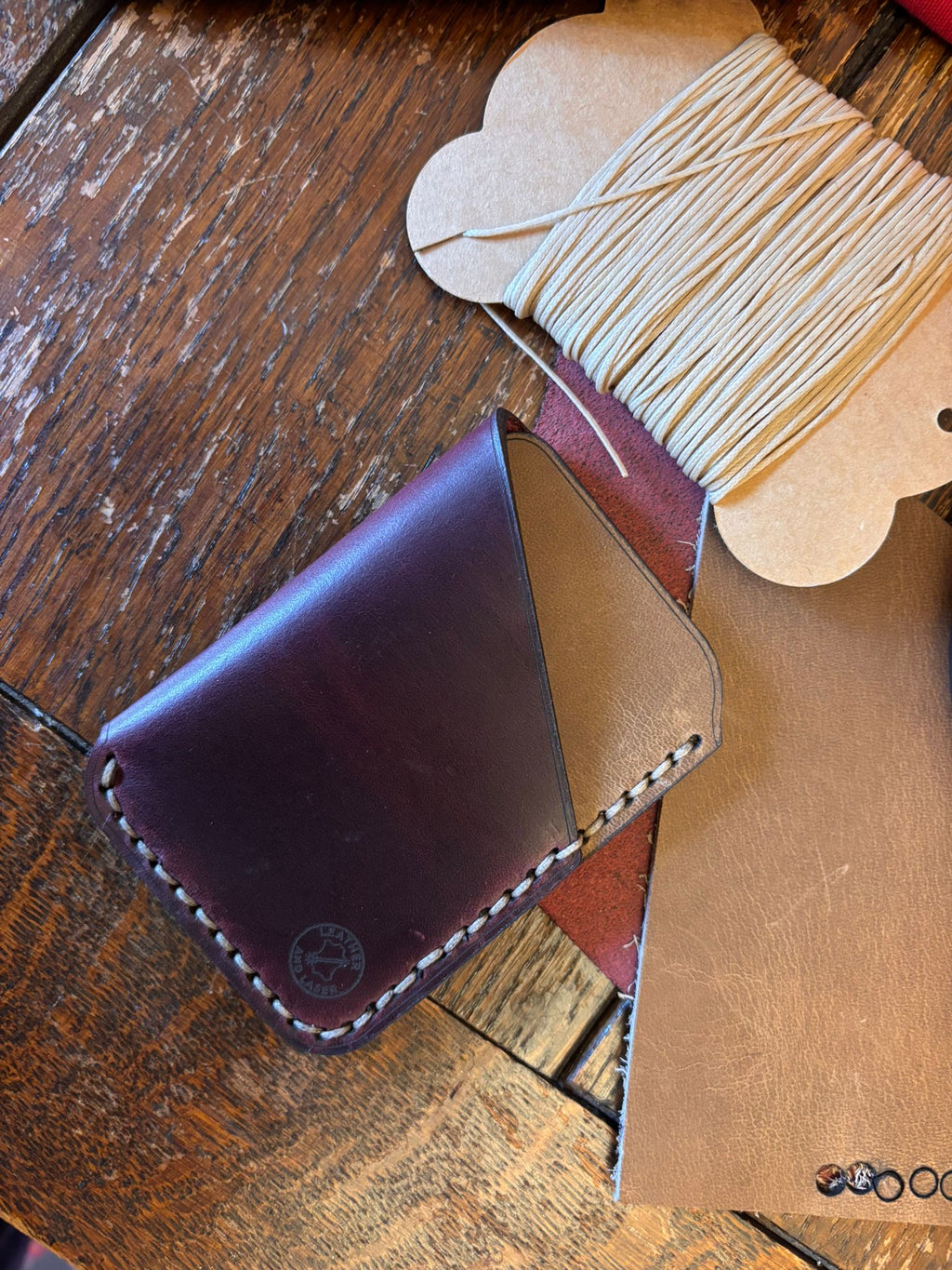 Minimalist EDC Two-Tone, Thicker, Leather Card Holder Wallet - Ox Blood & Stone | Hand-Stitched