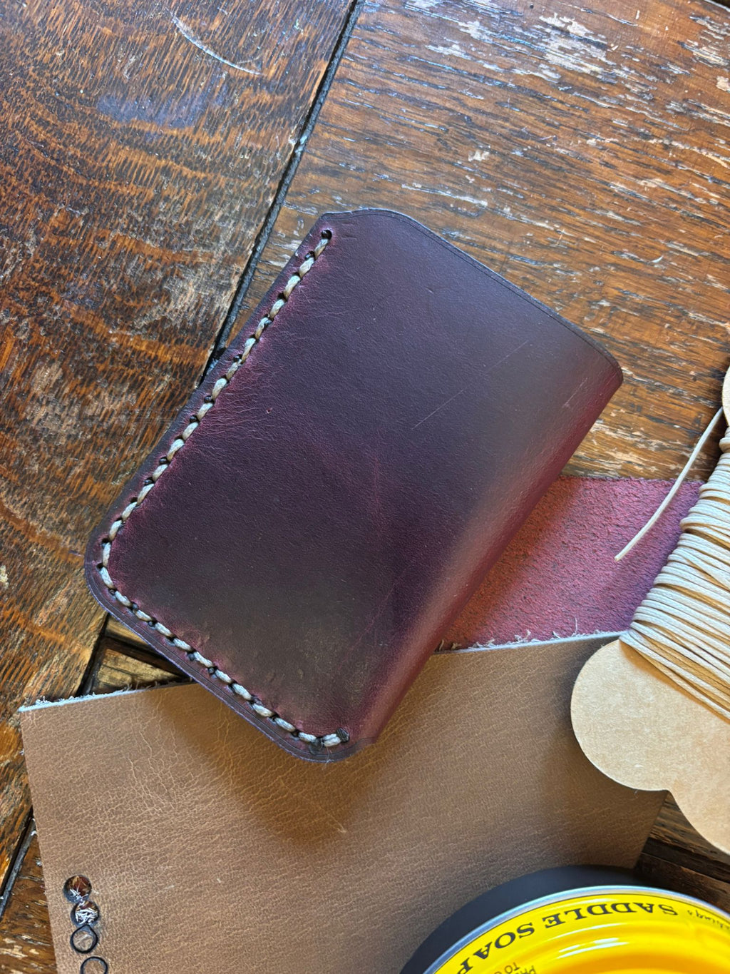 Minimalist EDC Two-Tone, Thicker, Leather Card Holder Wallet - Ox Blood & Stone | Hand-Stitched