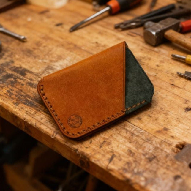 Minimalist EDC Two-Tone Leather Card Holder Wallet - Olmo & Petrolio | Hand-Stitched