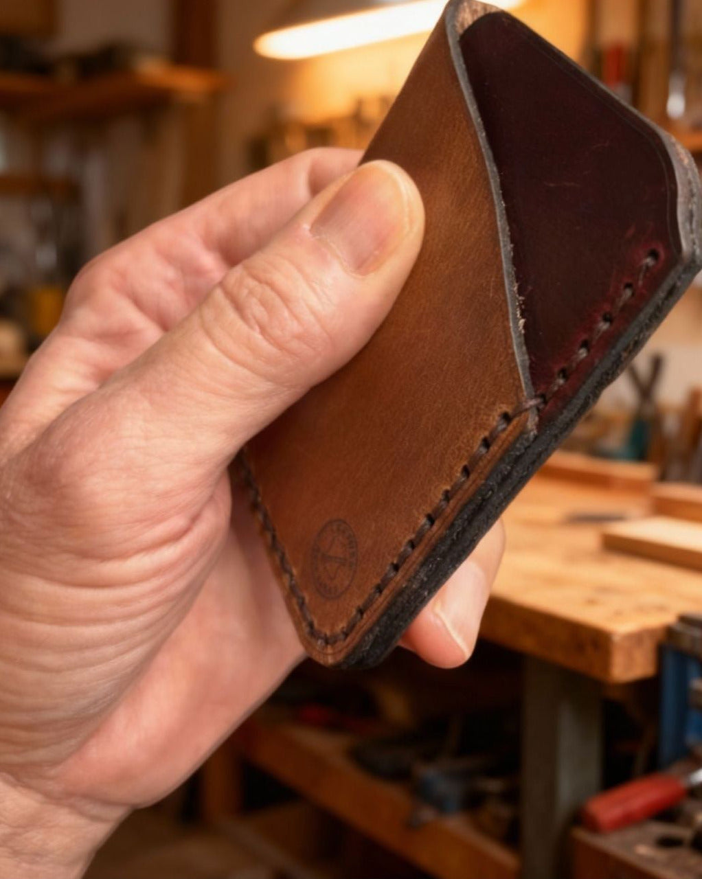 Minimalist EDC Two-Tone, Rustic, Leather Card Holder Wallet - Stone & Ox Blood | Hand-Stitched
