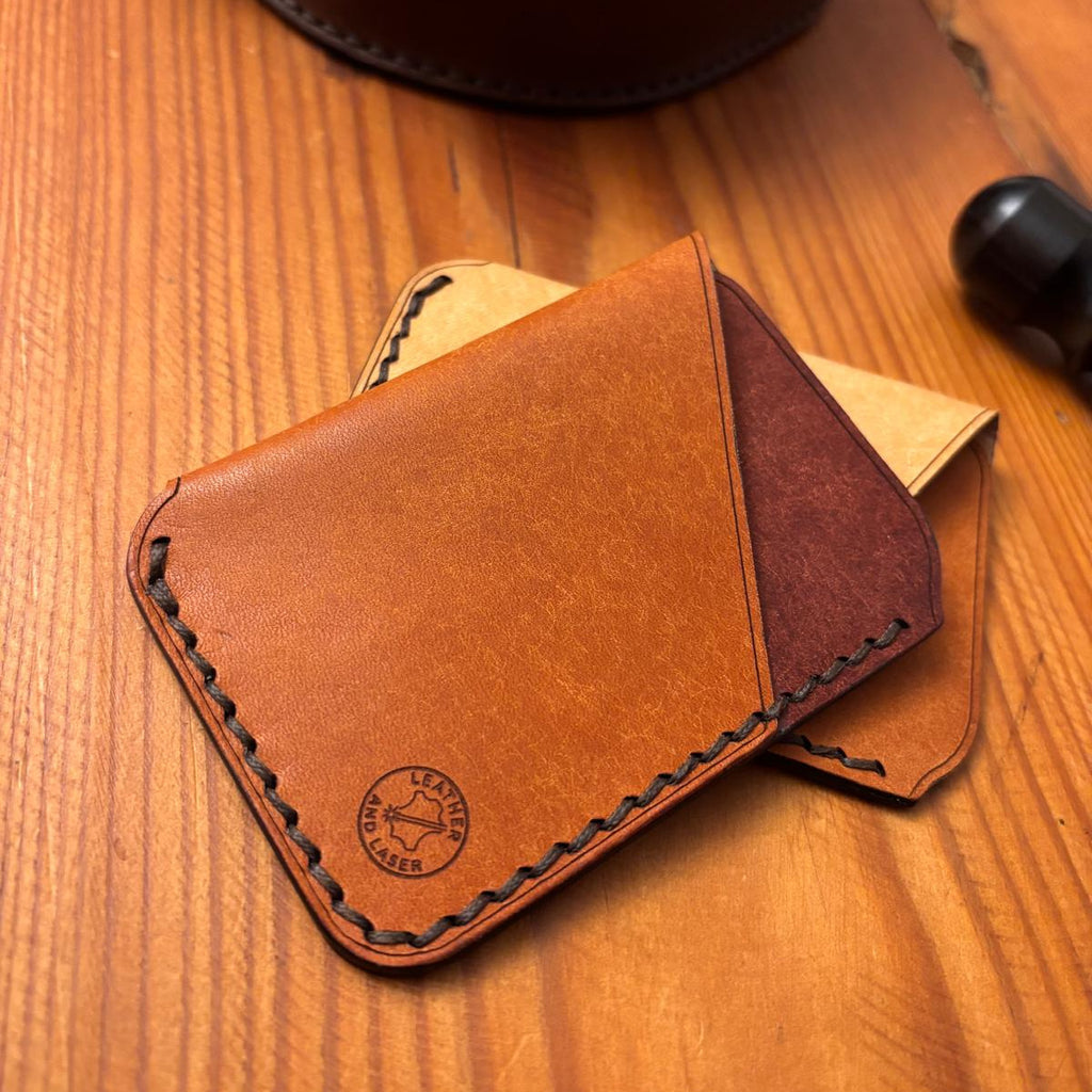 Minimalist EDC Two-Tone Leather Card Holder Wallet - Olmo (Warm Tan) & Coccinella (red/brown) | Hand-Stitched