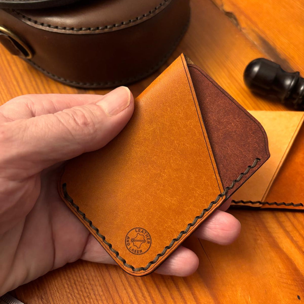 Minimalist EDC Two-Tone Leather Card Holder Wallet - Olmo (Warm Tan) & Coccinella (red/brown) | Hand-Stitched