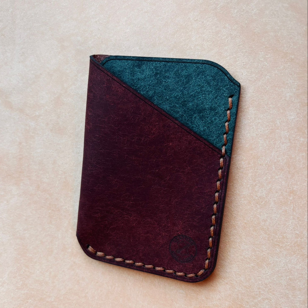 Minimalist EDC Two-Tone Leather Card Holder Wallet - Coccinella & Petrolio | Hand-Stitched