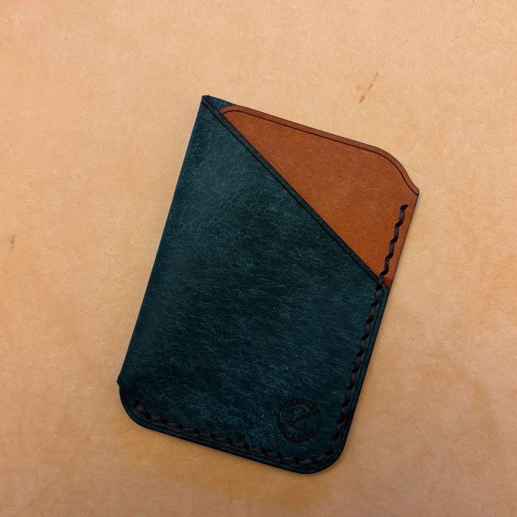 Minimalist EDC Two-Tone Leather Card Holder Wallet - Petrolio & Olmo | Hand-Stitched