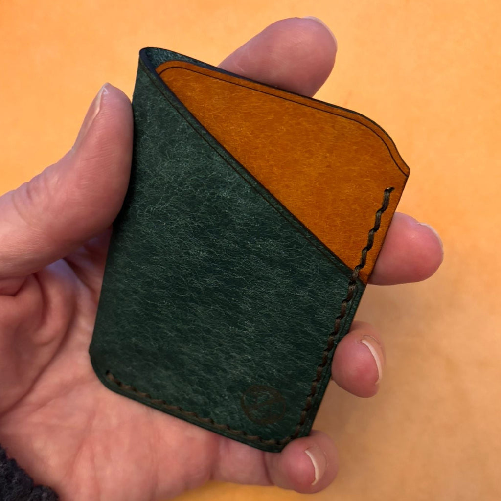 Minimalist EDC Two-Tone Leather Card Holder Wallet - Petrolio & Olmo | Hand-Stitched